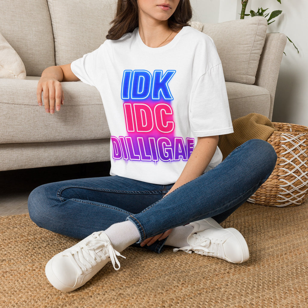 IDK IDC Dilligaf Graphic Adult T-Shirt – Neon Retro Statement Tee