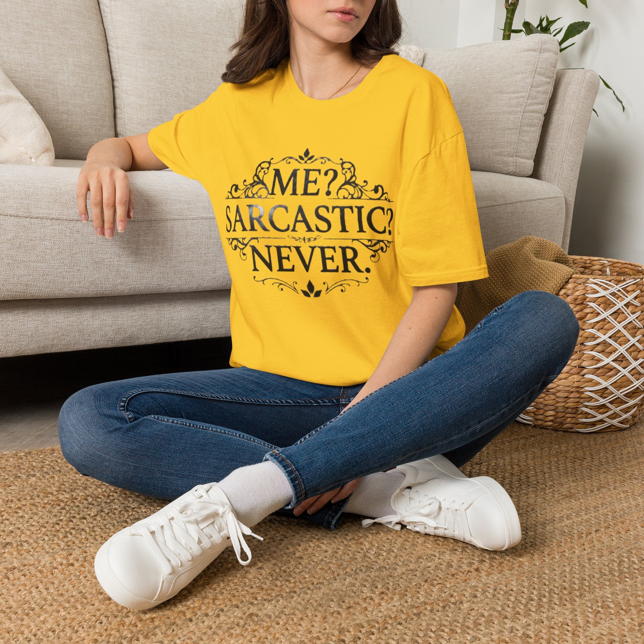 Sarcastic Adult Tee — "Me? Sarcastic? Never." Vintage Ornate Graphic T-Shirt