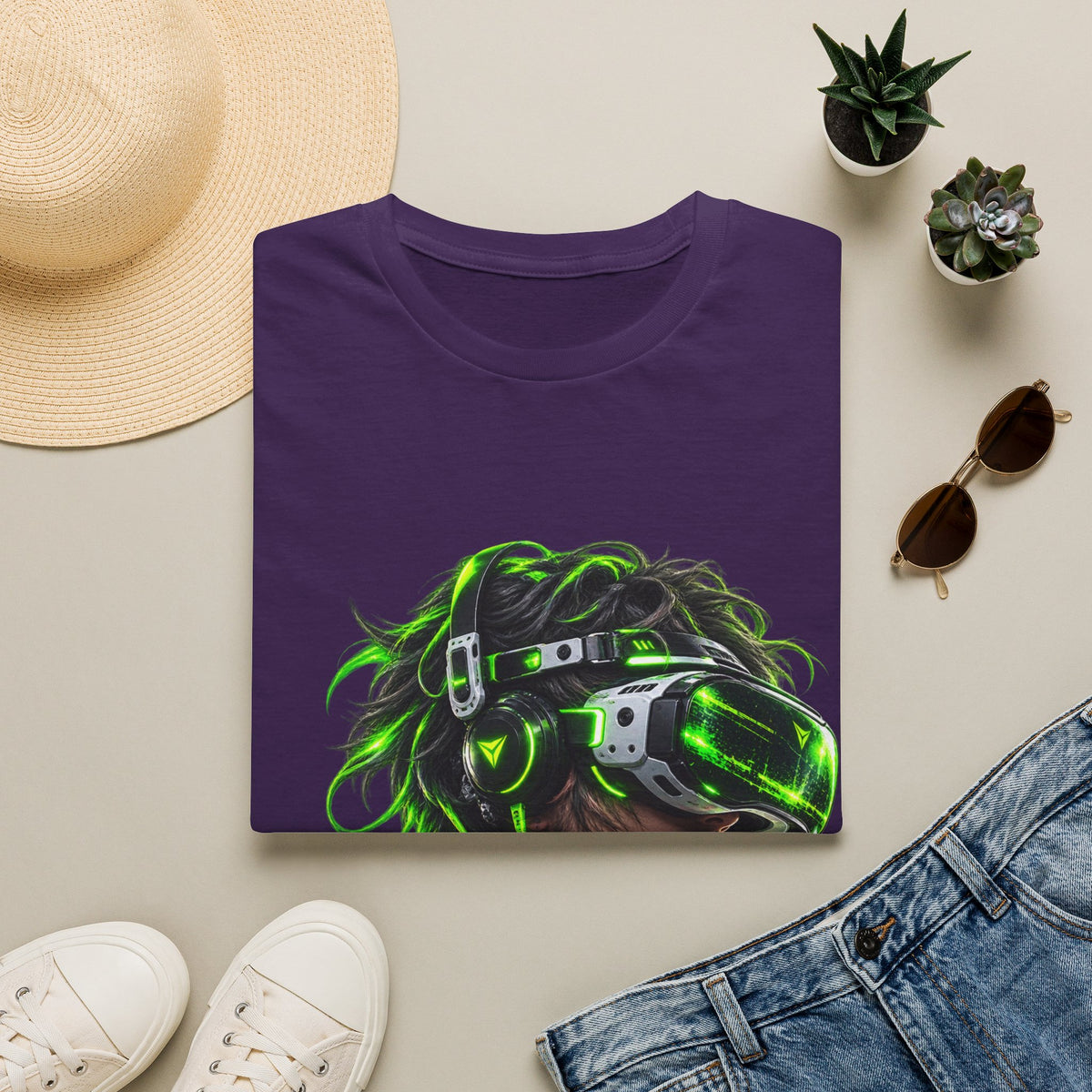 Cyberpunk VR Gamer Adult T-Shirt — Neon Green Virtual Reality Jacket Design