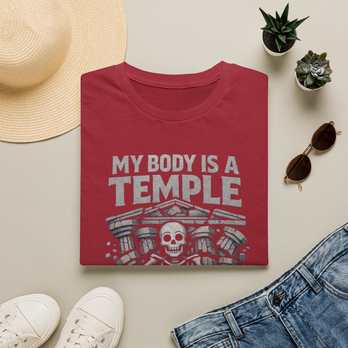 Temple Skeleton Adult T-Shirt — "My Body Is a Temple" Vintage Gothic Tee