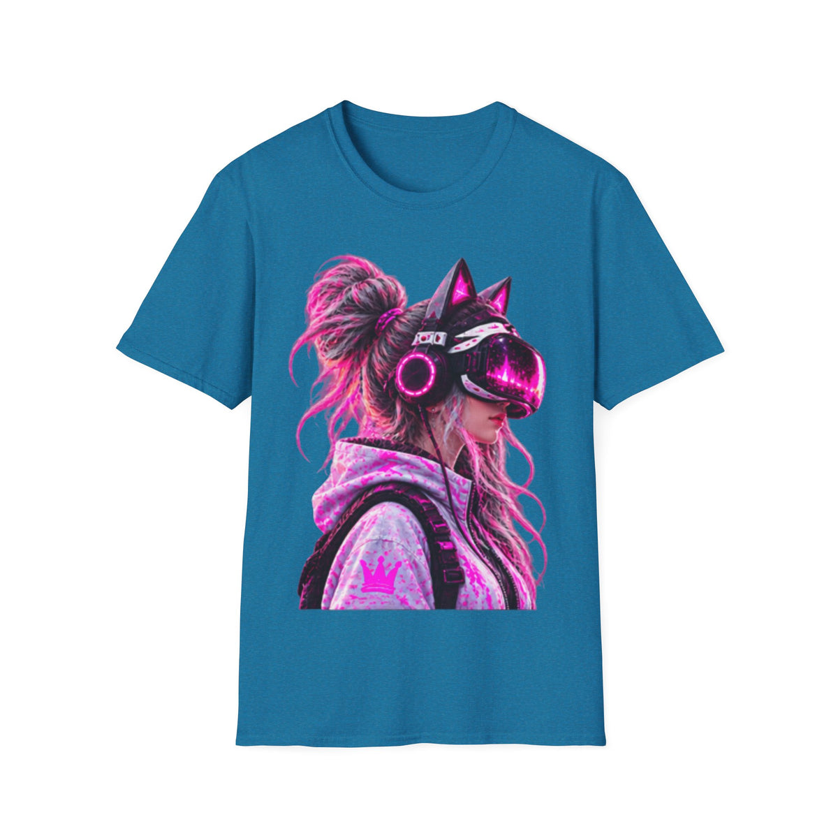 Cat VR Gamer Adult T‑Shirt — Neon Pink Cyberpunk Kitty Gamer Tee