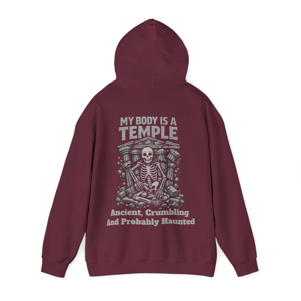 Skeleton Meditation Adult Hoodie — “My Body Is a Temple: Ancient, Crumbling and Probably Haunted” Gothic Humor Pullover