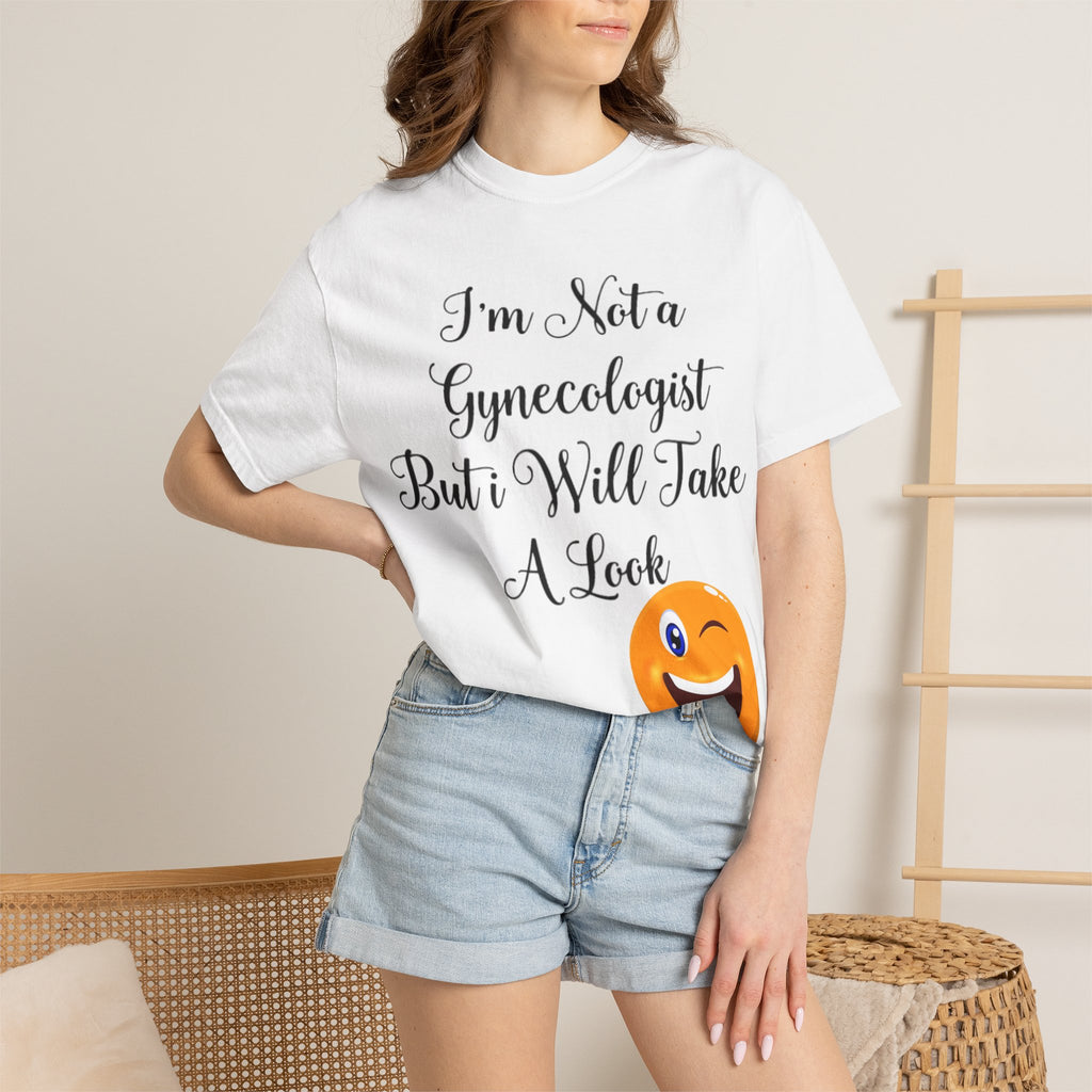 Funny Gynecologist Joke Adult T-Shirt — "I'm Not a Gynecologist But I Will Take a Look" Emoji Tee