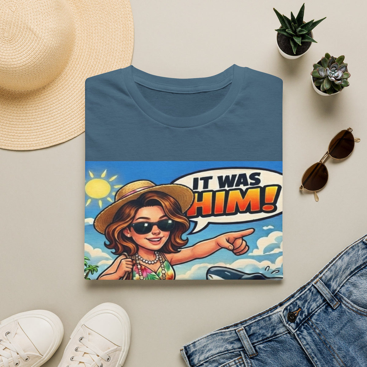 Adult T-Shirt — 'It Was Him!' Beach Shark Graphic Tee