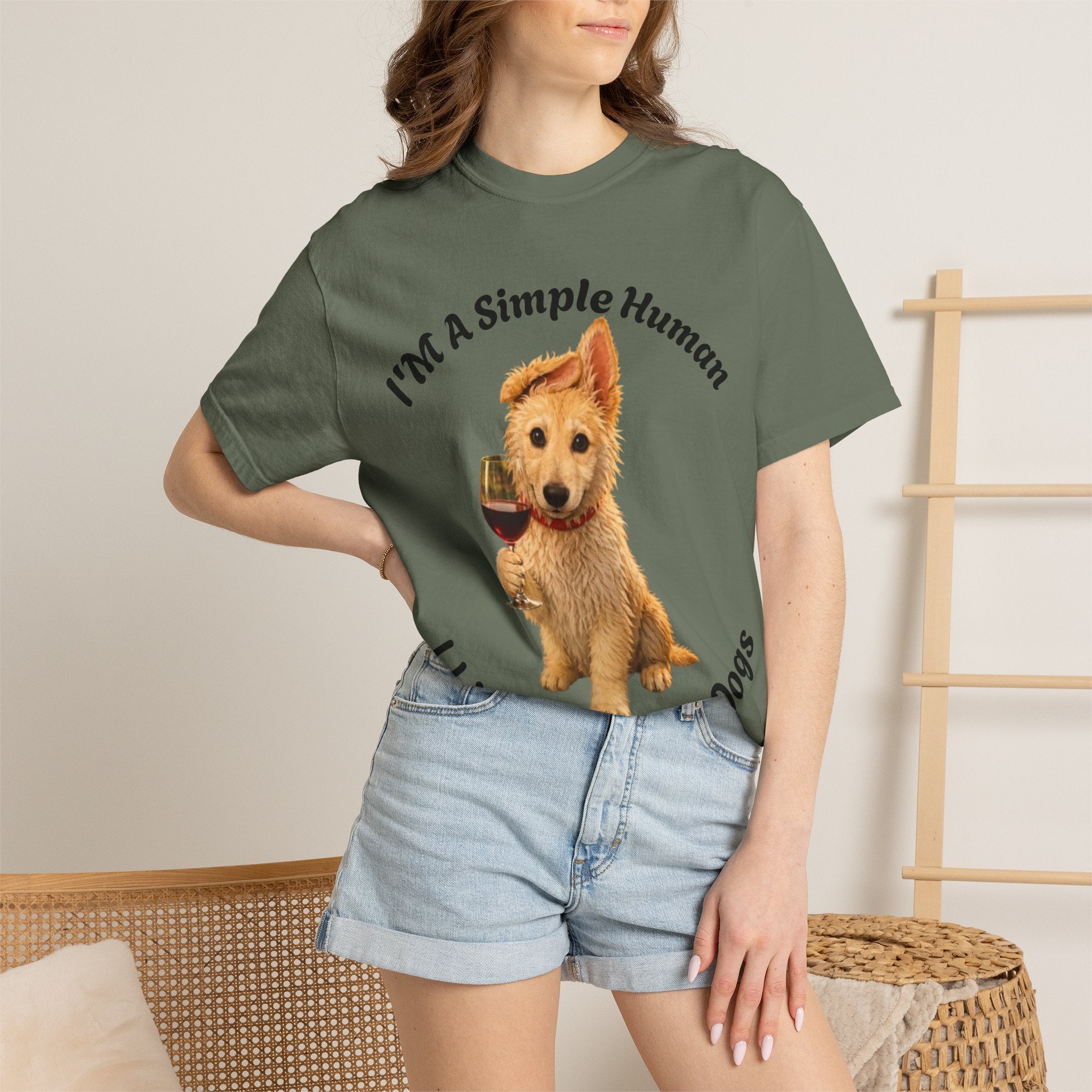 Adult T-Shirt — "I'm A Simple Human I Like Wine And Dogs" Cute Dog & Wine Graphic Tee