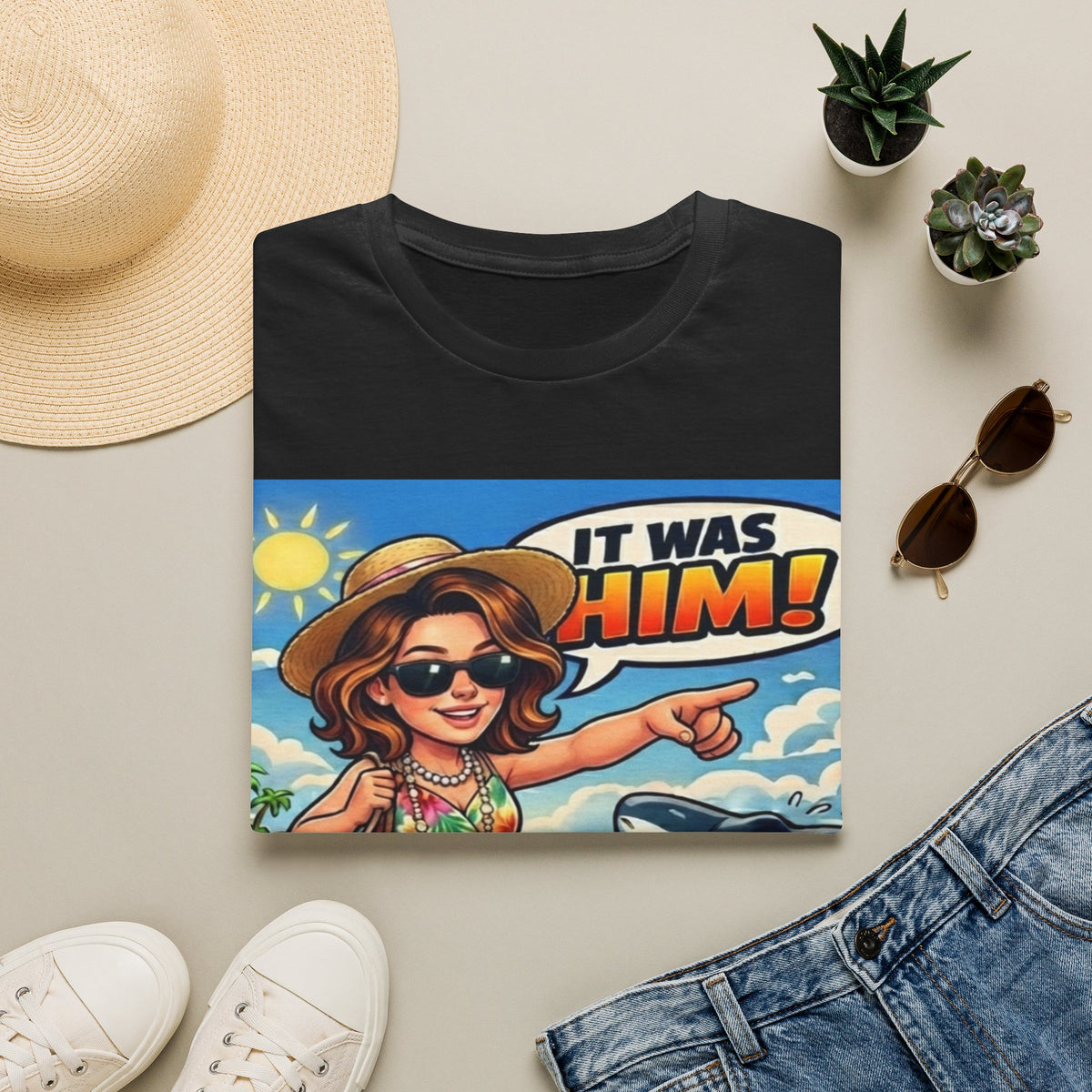Adult T-Shirt — 'It Was Him!' Beach Shark Graphic Tee