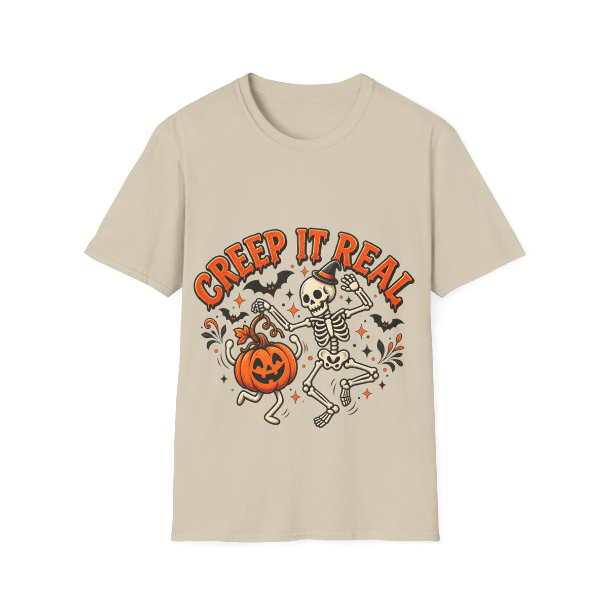Creep It Real Halloween Adult T-Shirt — Dancing Skeleton & Pumpkin Graphic