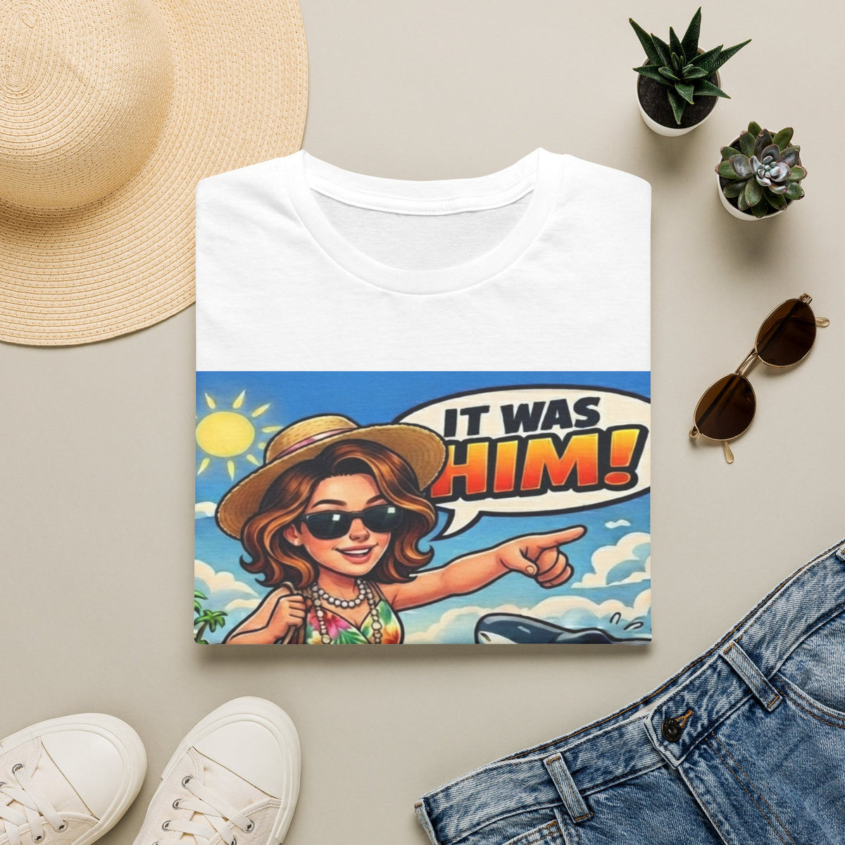 Adult T-Shirt — 'It Was Him!' Beach Shark Graphic Tee
