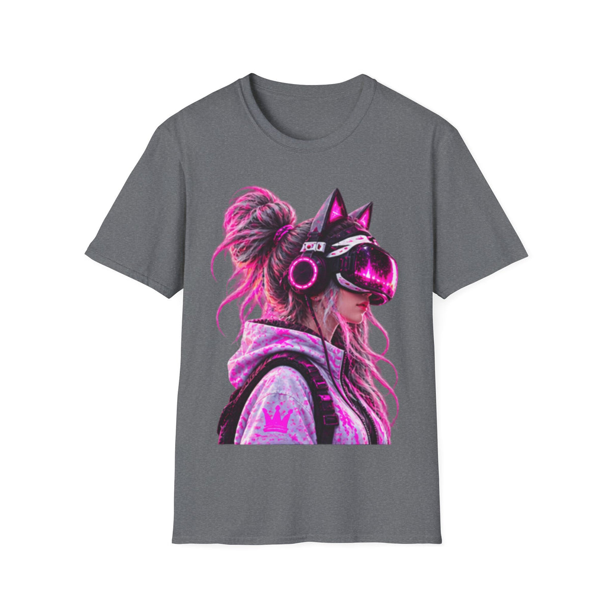 Cat VR Gamer Adult T‑Shirt — Neon Pink Cyberpunk Kitty Gamer Tee