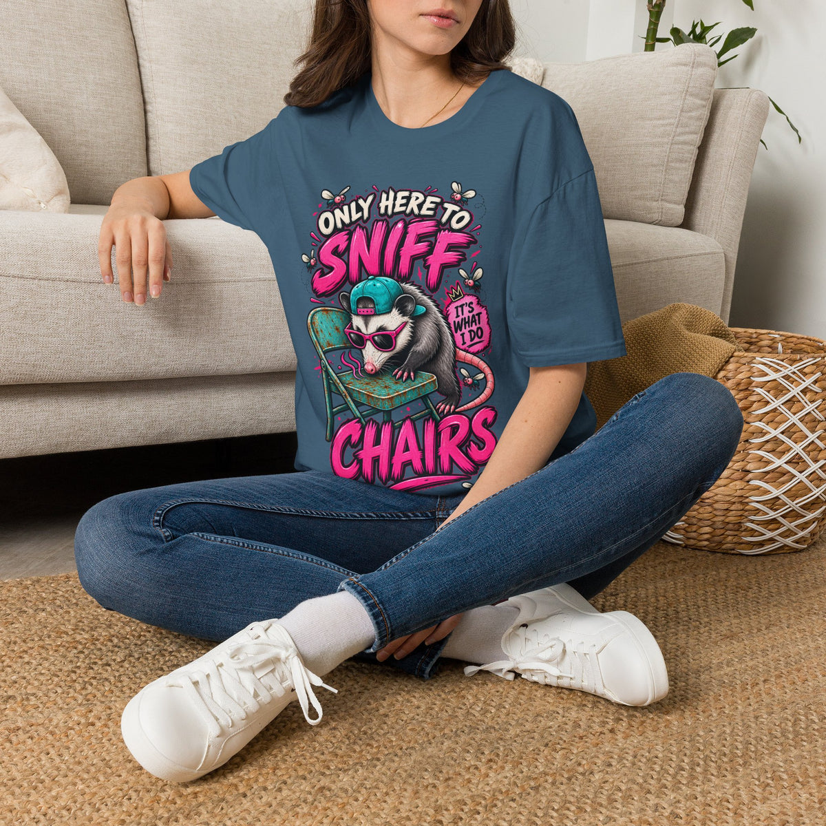 Adult T-Shirt — "Only Here to Sniff Chairs" Cute Ferret Graphic Tee