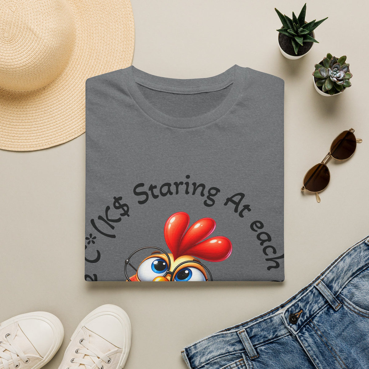 Chicken Cartoon Adult T-Shirt — "Staring At Each Other" Cute Funny Graphic Tee