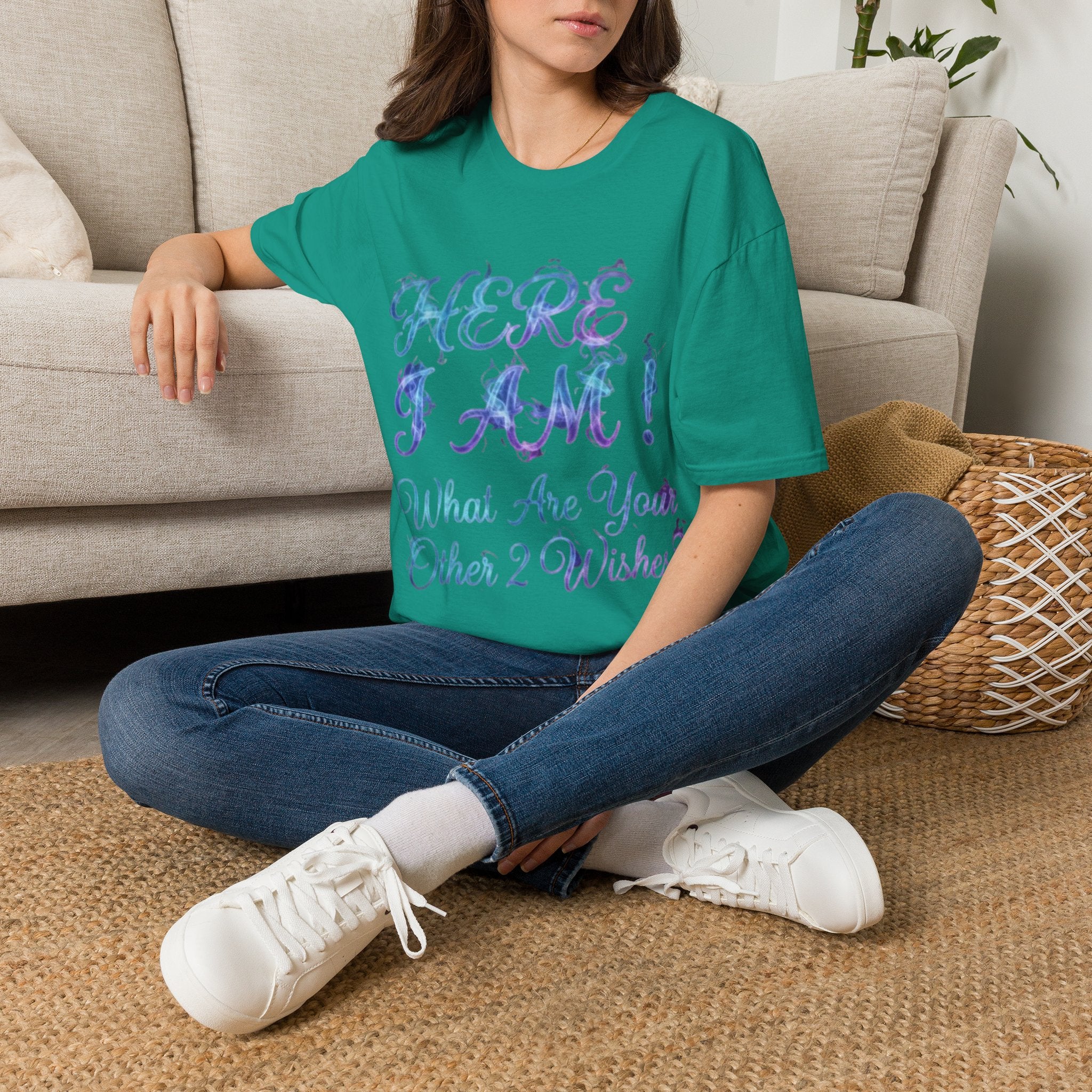 Adult T-Shirt — "Here I Am! What Are Your Other 2 Wishes?" Floral Script Graphic Tee
