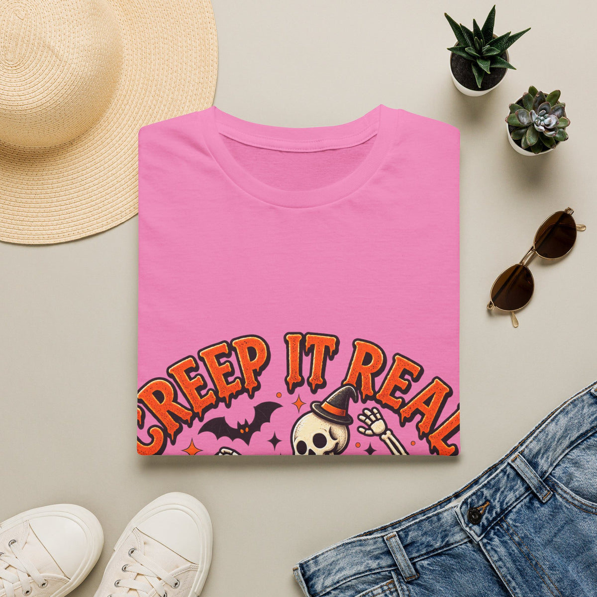 Creep It Real Halloween Adult T-Shirt — Dancing Skeleton & Pumpkin Graphic