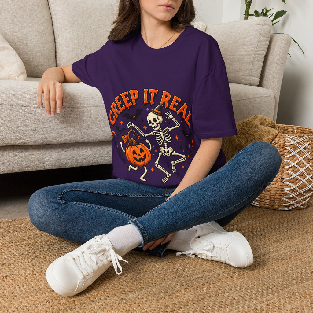 Creep It Real Halloween Adult T-Shirt — Dancing Skeleton & Pumpkin Graphic
