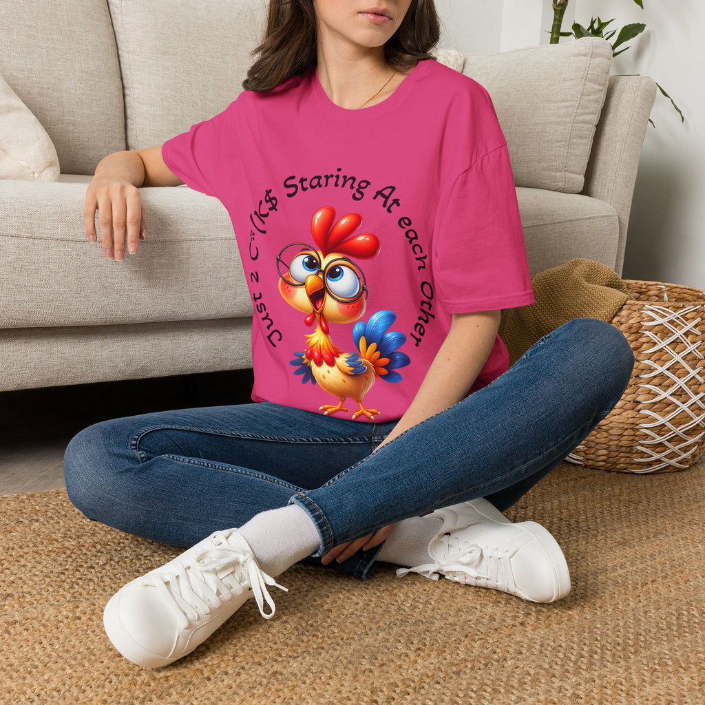 Chicken Cartoon Adult T-Shirt — "Staring At Each Other" Cute Funny Graphic Tee