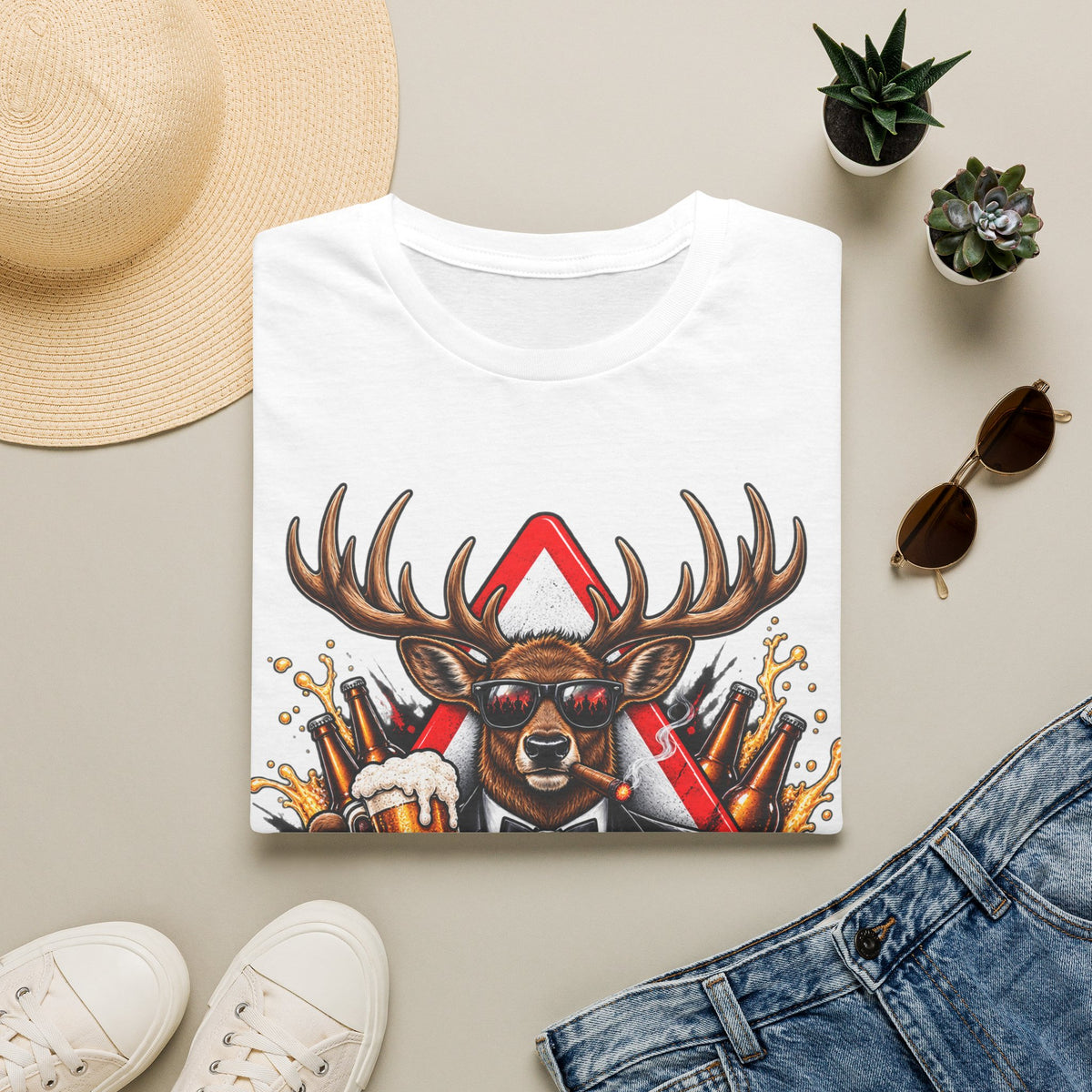 Stag Party Adult T-Shirt — Funny Beer-Drinking Deer Graphic Tee for Bachelor Parties