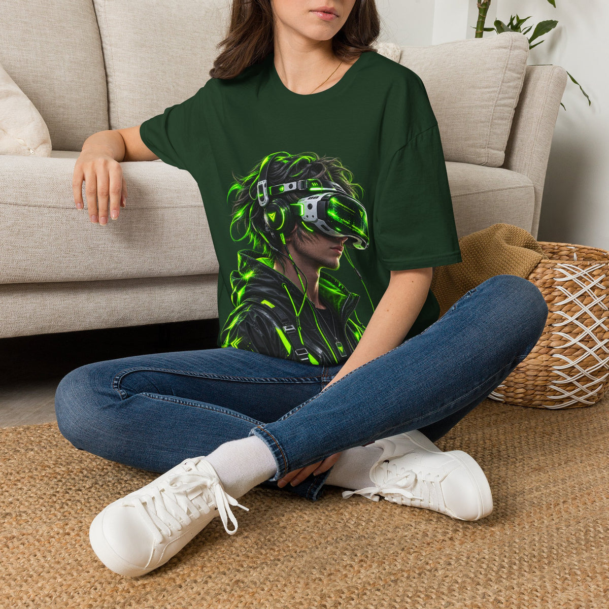 Cyberpunk VR Gamer Adult T-Shirt — Neon Green Virtual Reality Jacket Design