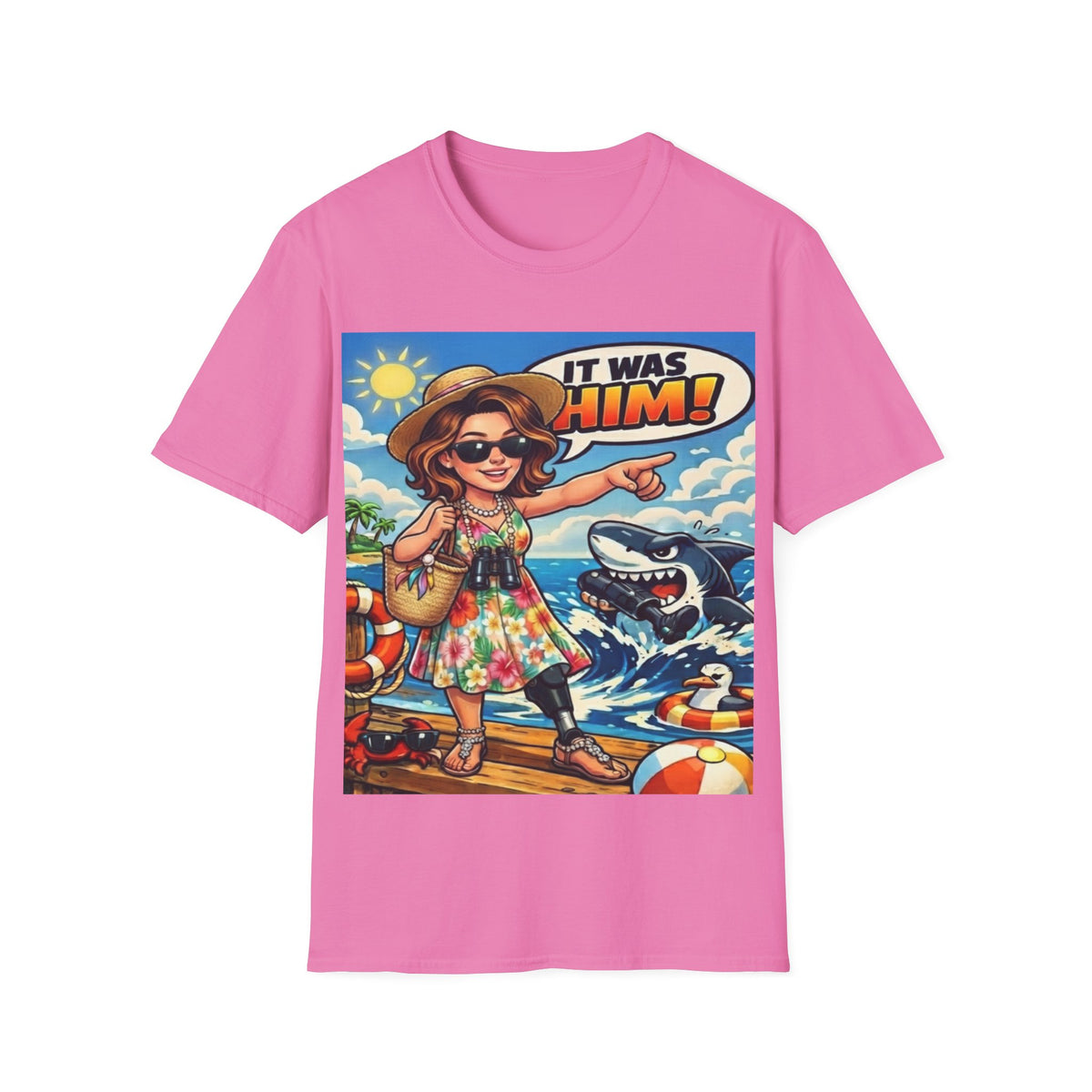 Adult T-Shirt — 'It Was Him!' Beach Shark Graphic Tee