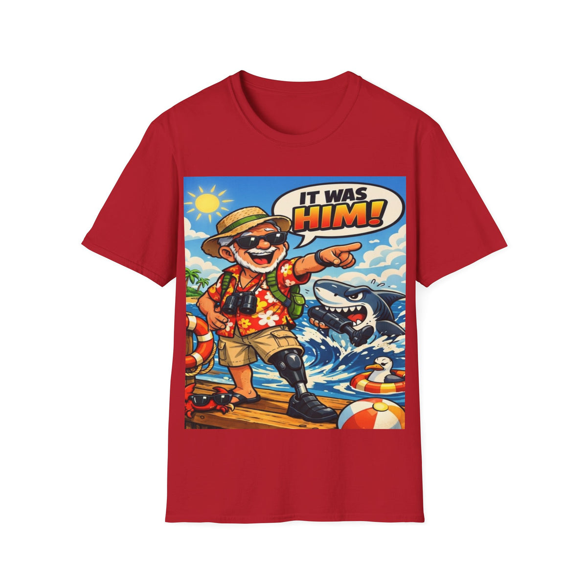Adult T-Shirt — Retro Vacation Shark 'It Was Him!' Graphic Tee