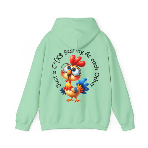 Adult Hoodie — Cute Cartoon Chicken “Just 2 C*#ks Staring At Each Other” Funny Graphic Hoodie