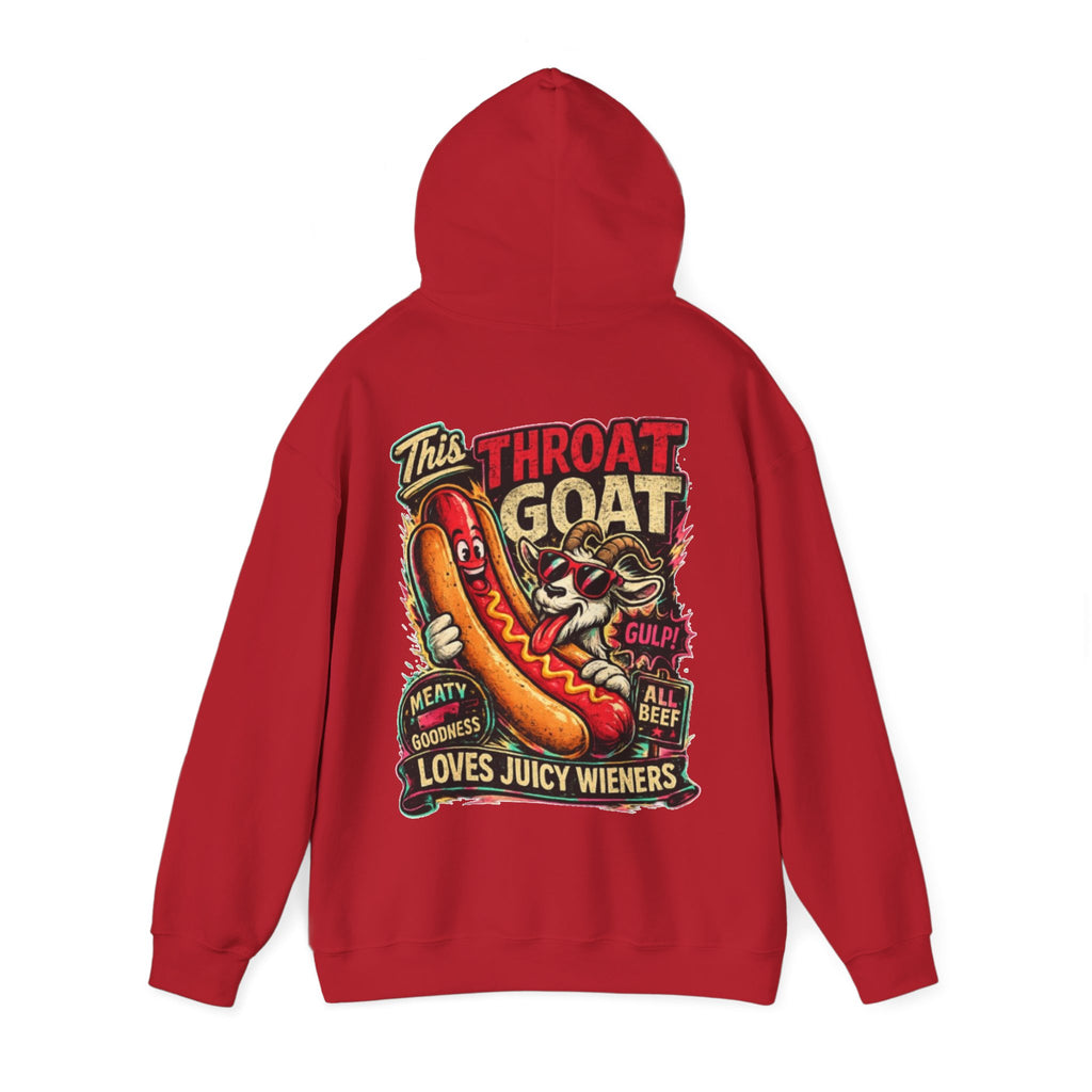 Hot Dog Goat Adult Hoodie - "This Throat Goat Loves Juicy Wieners" Graphic Hooded Sweatshirt