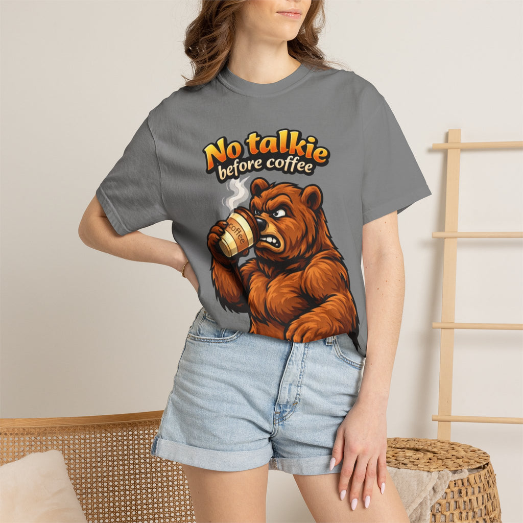 Adult T-Shirt — "No Talkie Before Coffee" Bear Graphic