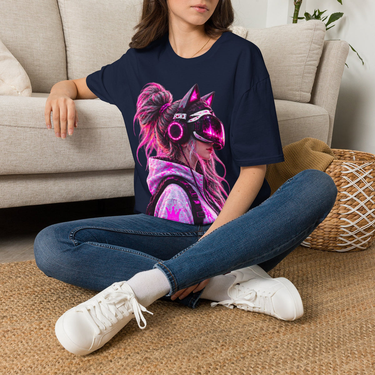 Cat VR Gamer Adult T‑Shirt — Neon Pink Cyberpunk Kitty Gamer Tee