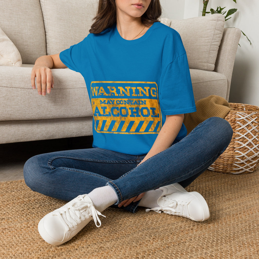 Adult T-Shirt — "WARNING: May Contain Alcohol" Distressed Graphic Tee
