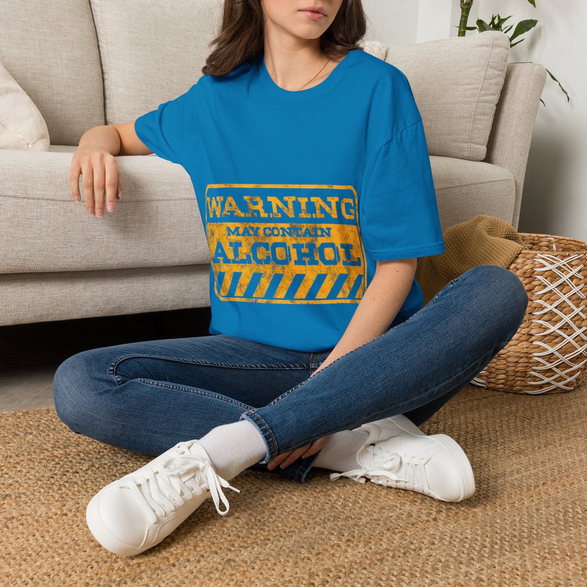 Adult T-Shirt — "WARNING: May Contain Alcohol" Distressed Graphic Tee