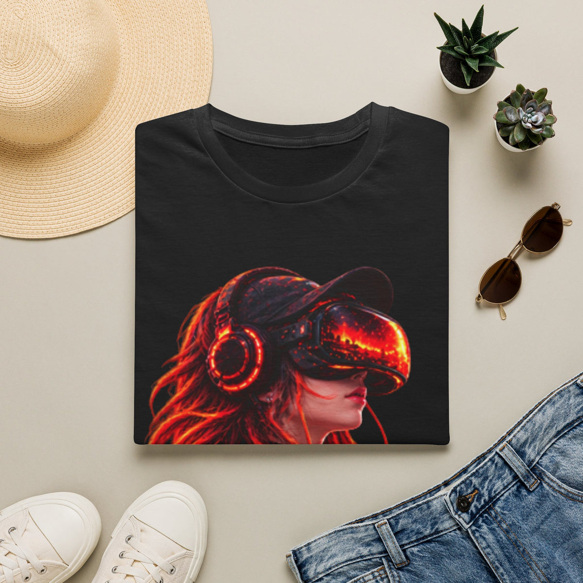 VR Girl Graphic Adult T-Shirt — Neon Cyberpunk Virtual Reality Tee