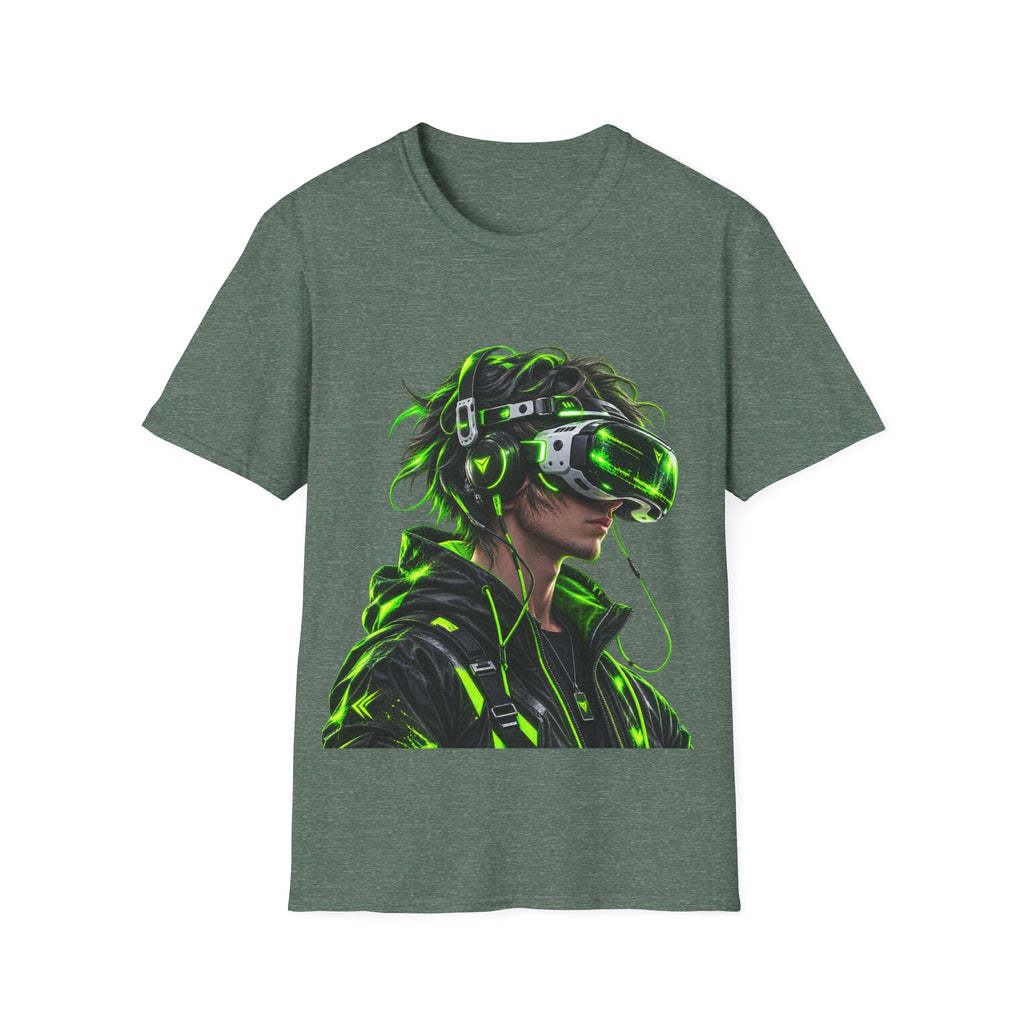 Cyberpunk VR Gamer Adult T-Shirt — Neon Green Virtual Reality Jacket Design