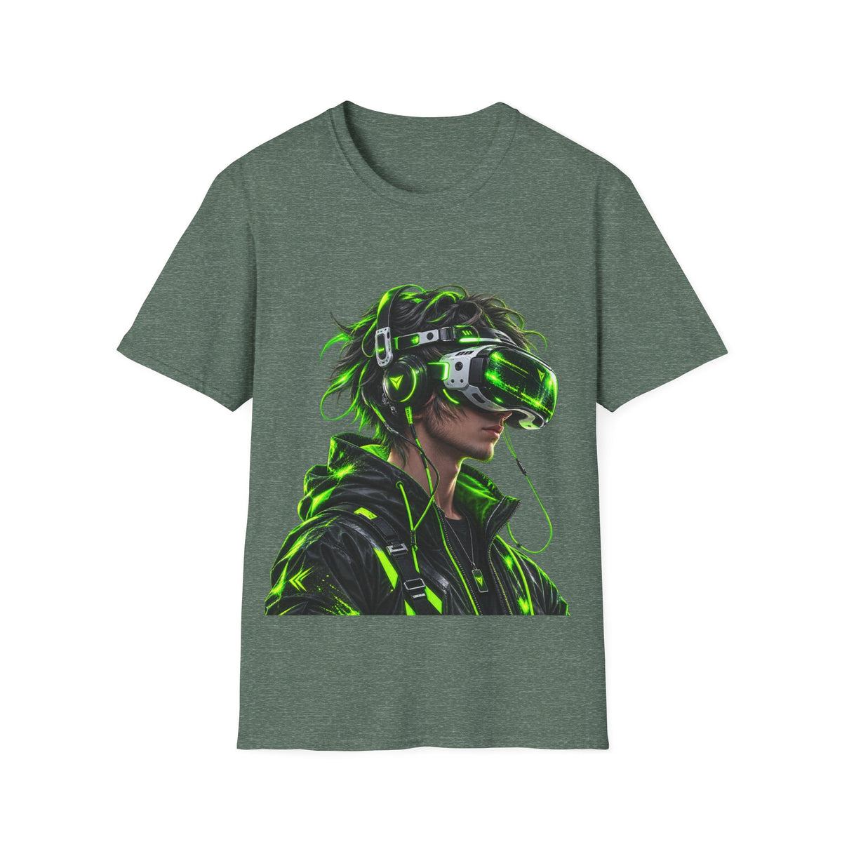 Cyberpunk VR Gamer Adult T-Shirt — Neon Green Virtual Reality Jacket Design