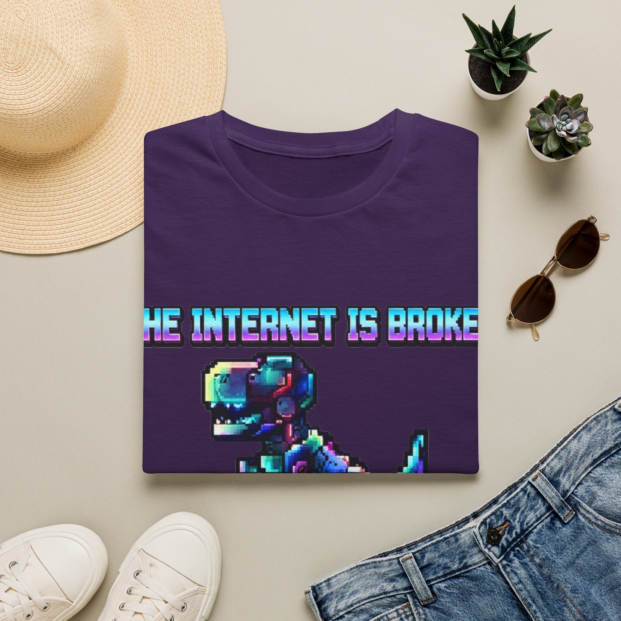 Internet Is Broke Adult  T-Shirt — Retro Pixel Dino "So Am I" Graphic Tee