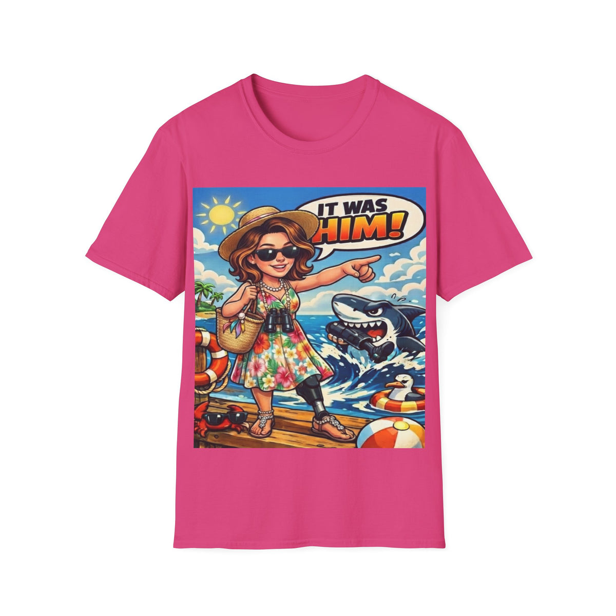 Adult T-Shirt — 'It Was Him!' Beach Shark Graphic Tee