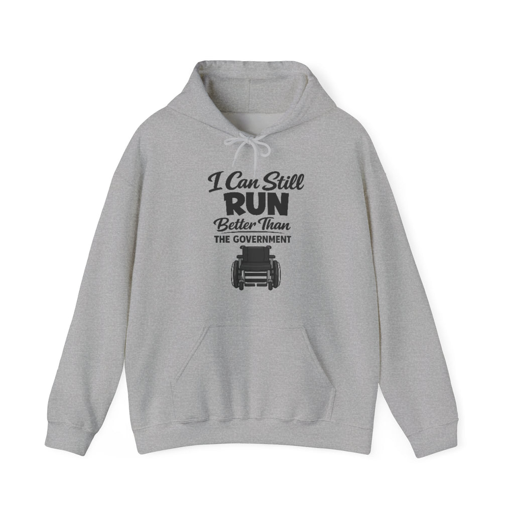 Adult Hoodie — "I Can Still Run Better Than The Government" Lawn Mower Funny Political Sweatshirt