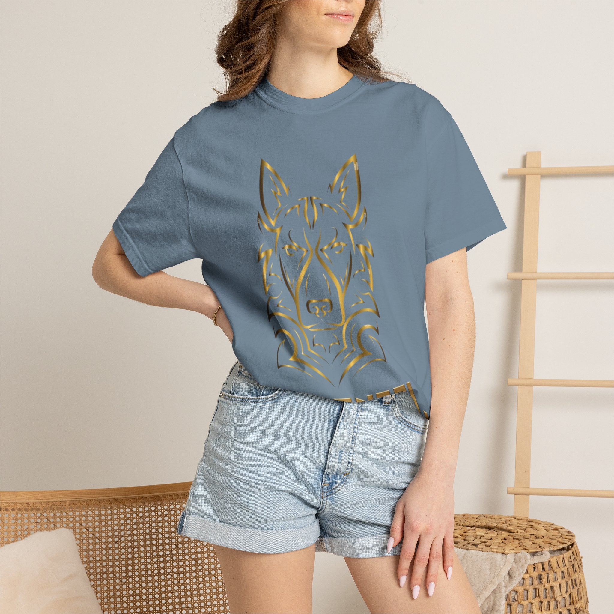 The Angel Wolf Adult T-Shirt — Gold Line Art Graphic Tee
