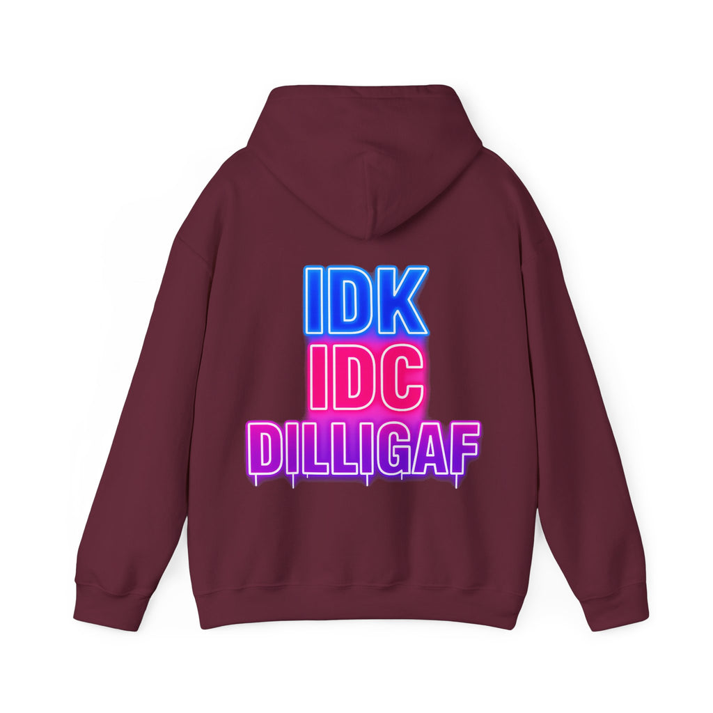 DILLIGAF Neon Text Adult Hoodie - IDK IDC Graphic Pullover