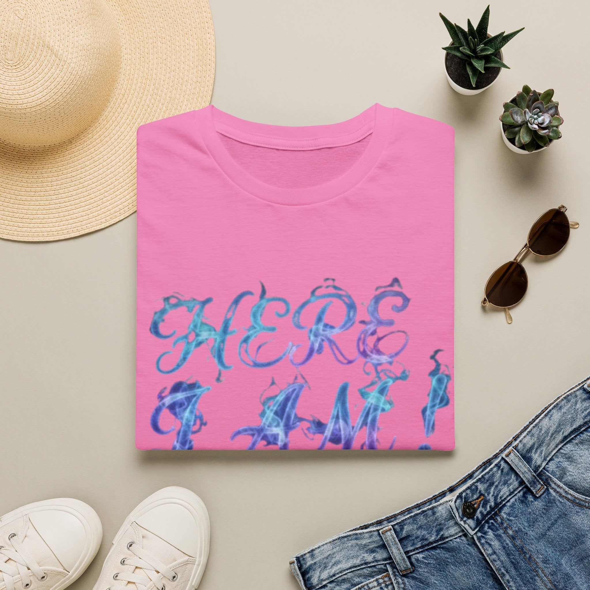 Adult T-Shirt — "Here I Am! What Are Your Other 2 Wishes?" Floral Script Graphic Tee