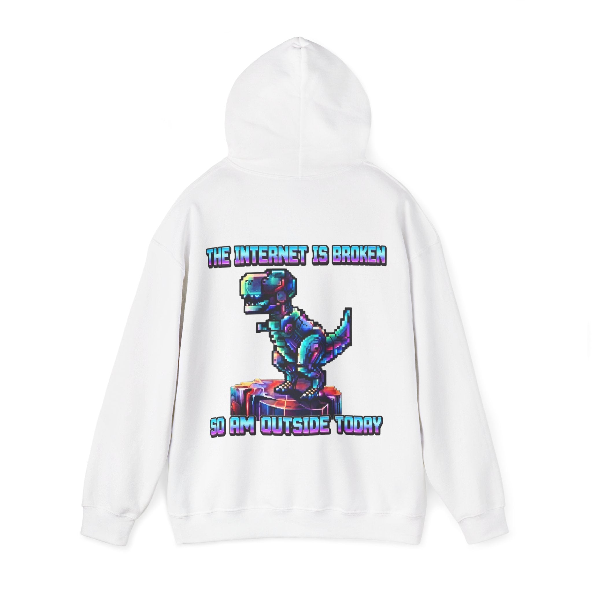 Retro Pixel Dino Adult Hoodie - "The Internet Is Broken So I’m Outside Today"