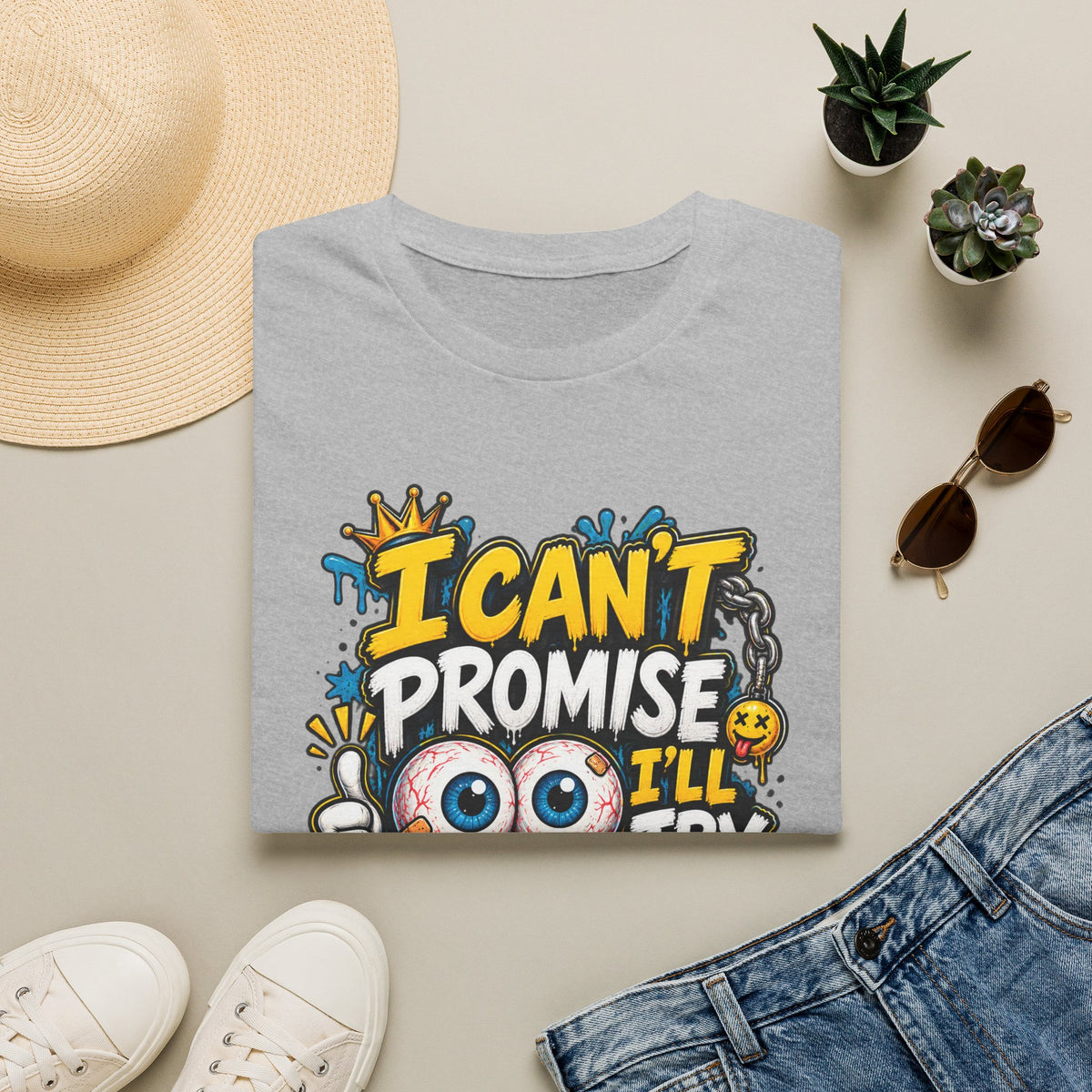 I Can't Promise I'll Try Graphic Adult T-Shirt — Funny Motivational Casual Tee