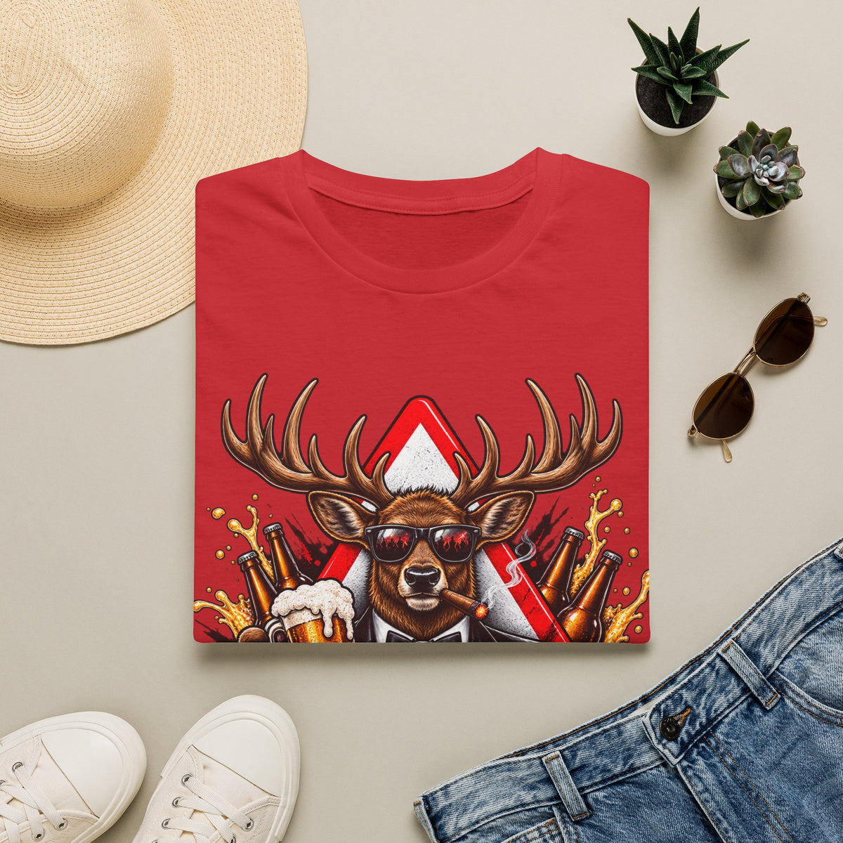 Stag Party Adult T-Shirt — Funny Beer-Drinking Deer Graphic Tee for Bachelor Parties