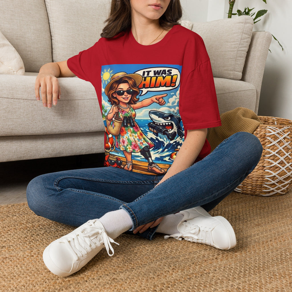 Adult T-Shirt — 'It Was Him!' Beach Shark Graphic Tee