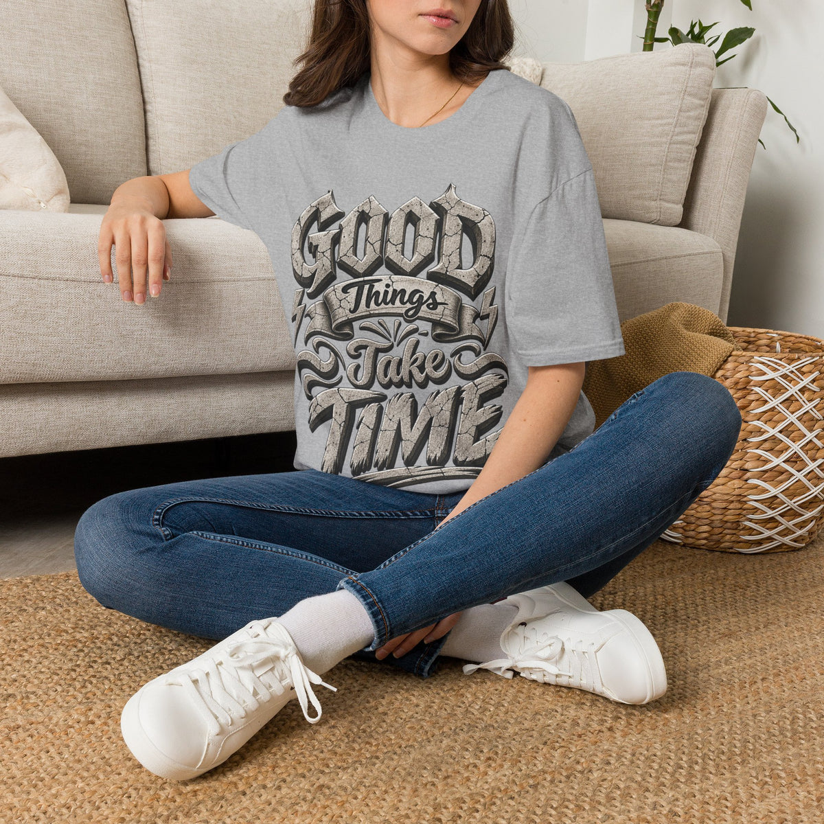 Adult T-Shirt — 'Good Things Take Time' Vintage Script Graphic Tee