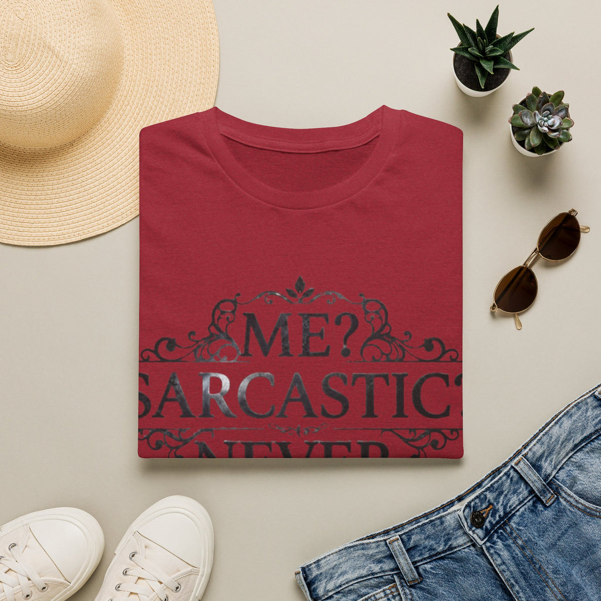 Sarcastic Adult Tee — "Me? Sarcastic? Never." Vintage Ornate Graphic T-Shirt