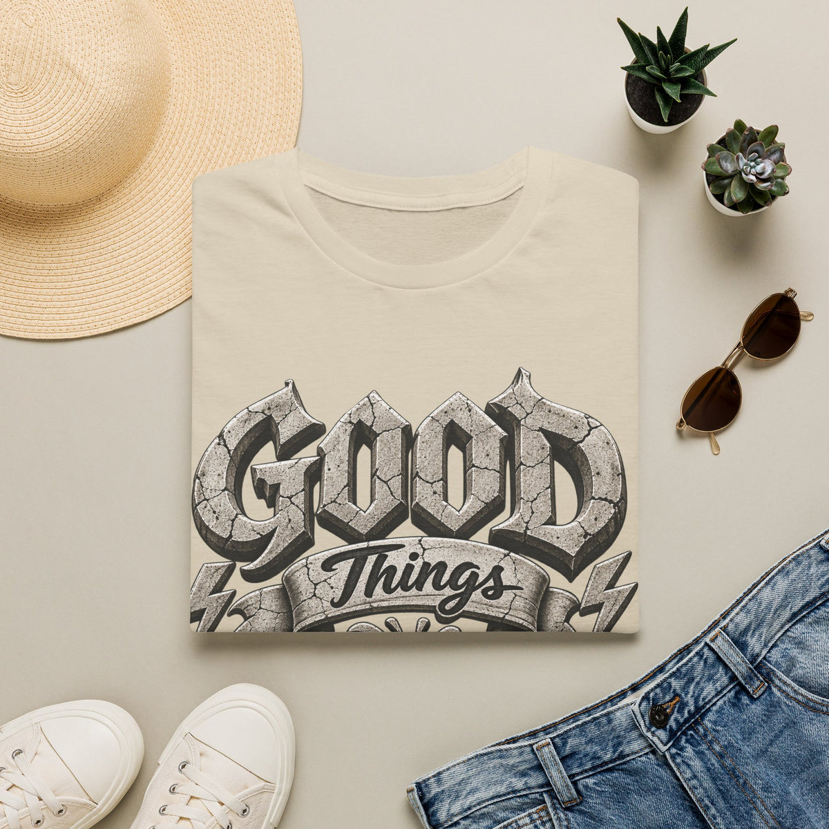Adult T-Shirt — 'Good Things Take Time' Vintage Script Graphic Tee