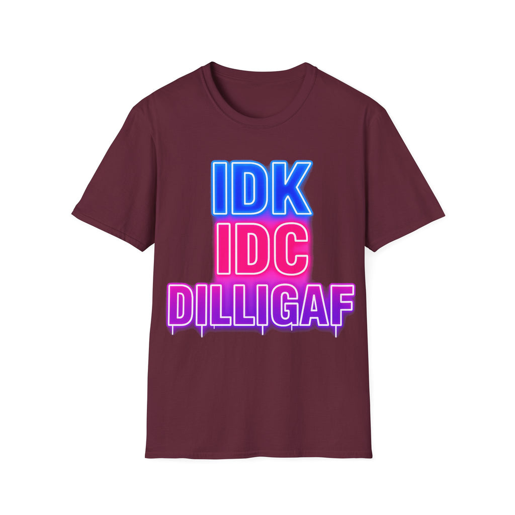 IDK IDC Dilligaf Graphic Adult T-Shirt – Neon Retro Statement Tee