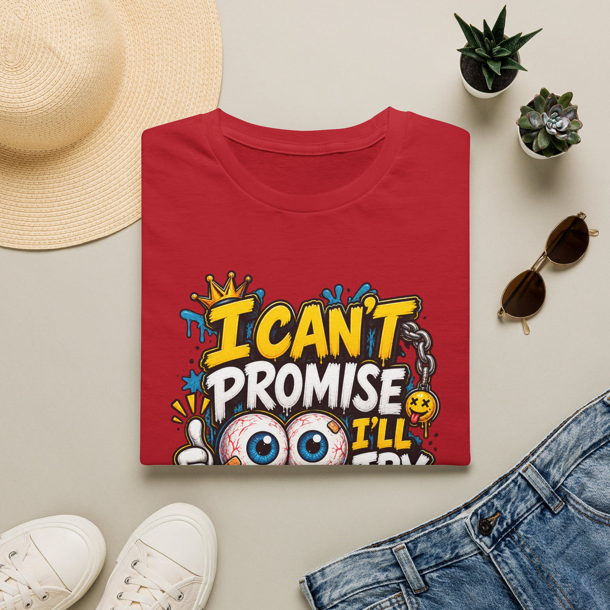 I Can't Promise I'll Try Graphic Adult T-Shirt — Funny Motivational Casual Tee