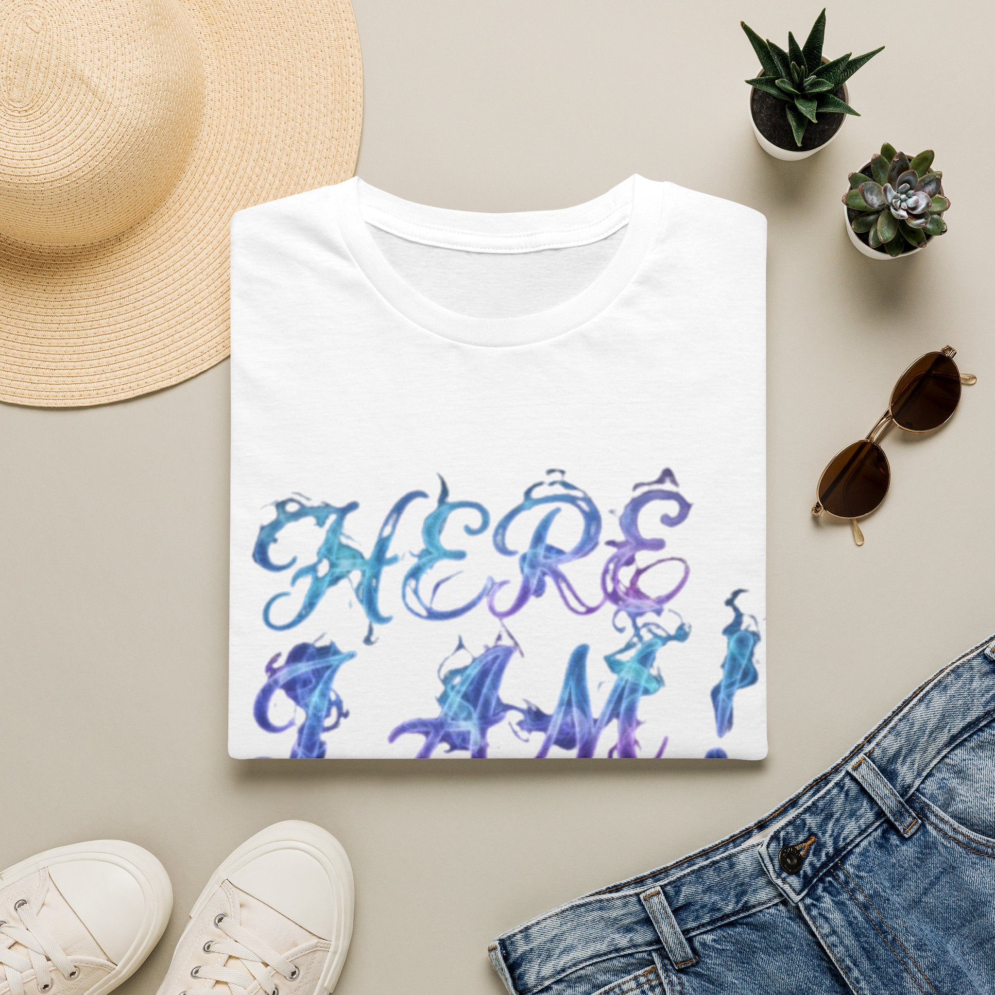 Adult T-Shirt — "Here I Am! What Are Your Other 2 Wishes?" Floral Script Graphic Tee
