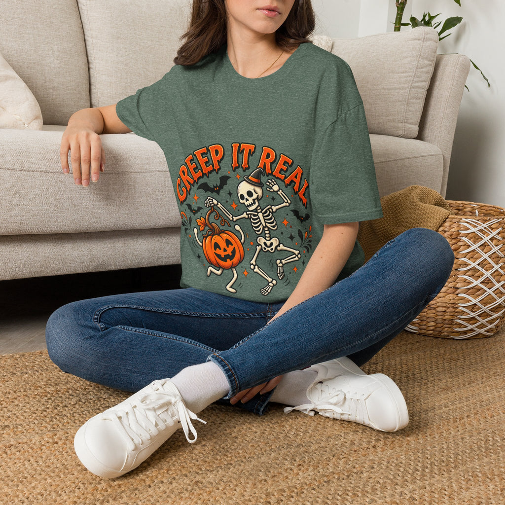 Creep It Real Halloween Adult T-Shirt — Dancing Skeleton & Pumpkin Graphic