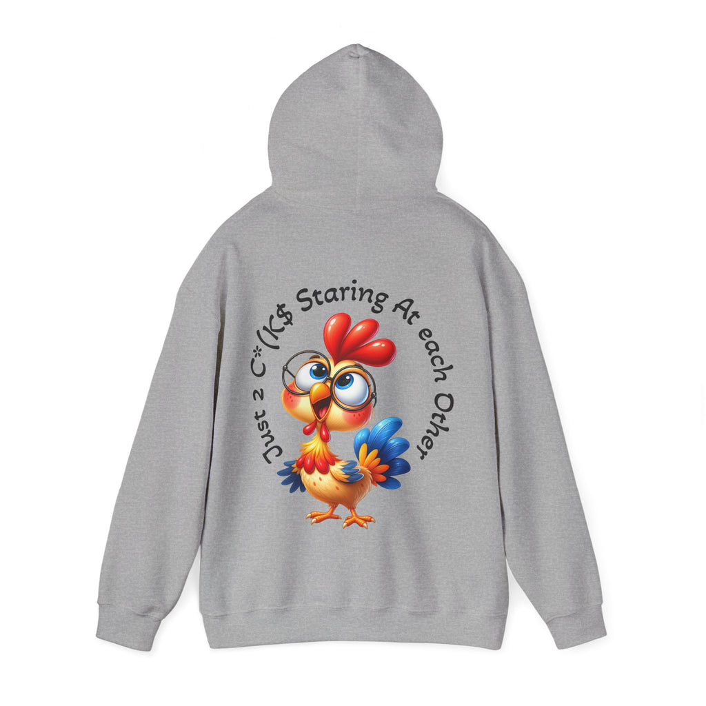 Adult Hoodie — Cute Cartoon Chicken “Just 2 C*#ks Staring At Each Other” Funny Graphic Hoodie